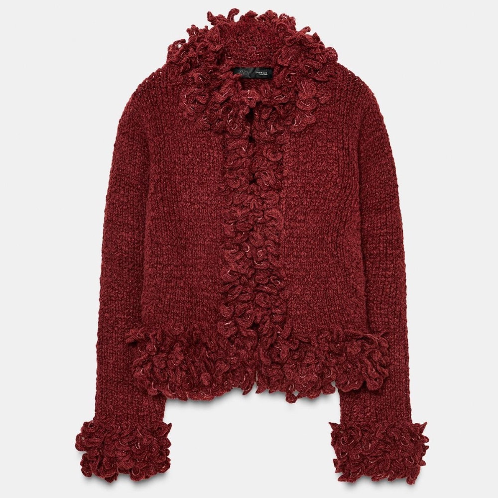 Zara burgundy fringed textured touch of wool soft knit cardigan NWT